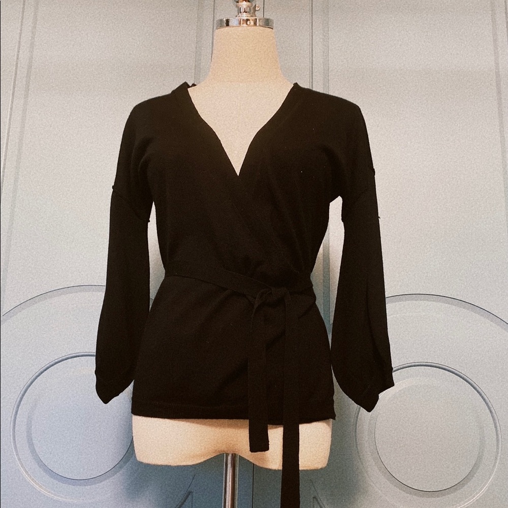 Sandra Angelozzi Black Fine Wool Wrap Cardigan
